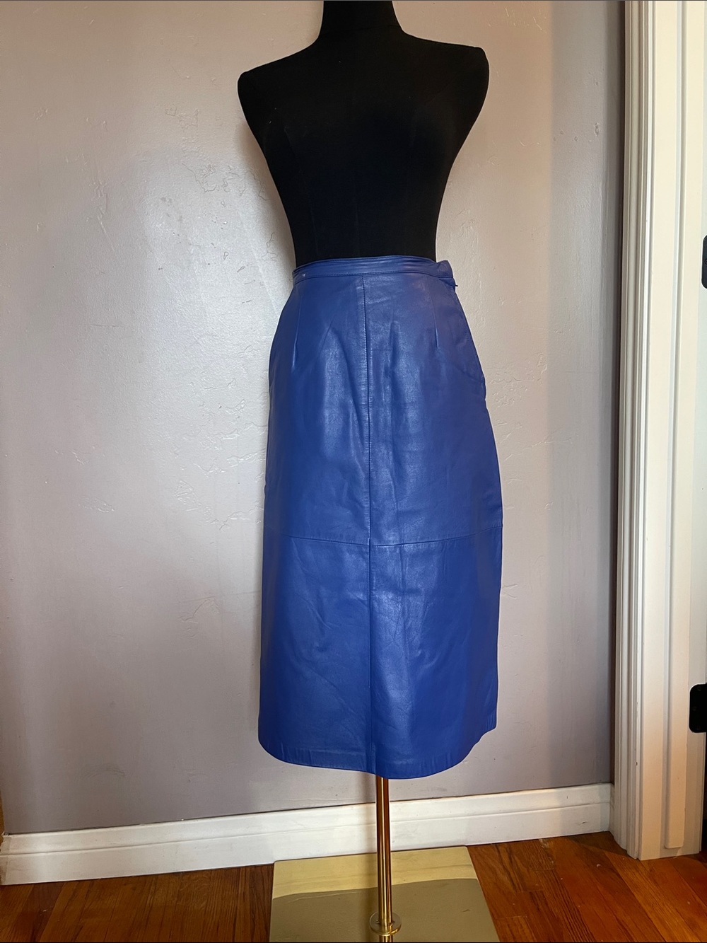 VTG Pia Rucci Blue Genuine Leather A-Line Midi Skirt with Pockets 4